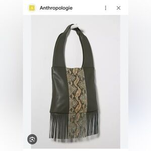ANTHROPOLOGIE python fringe bag. 16”X12x5. 12 inch handle drop.